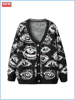 Plus Size Eye Print Goth Cardigan Button Down Grunge Punk Sweater